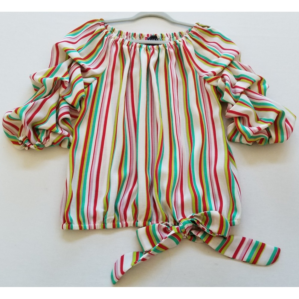 Coco Blanco Blouse Women's Medium M Striped ¾ Sleeve Tie Front Off the Shoulder